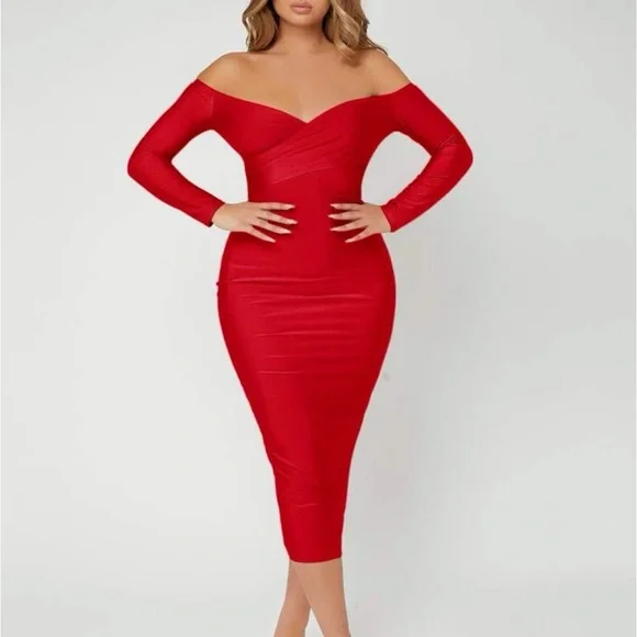 WOMENS XL BODYCON SEXY RED OFF SHOULDER DRESS - Picture 1 of 8